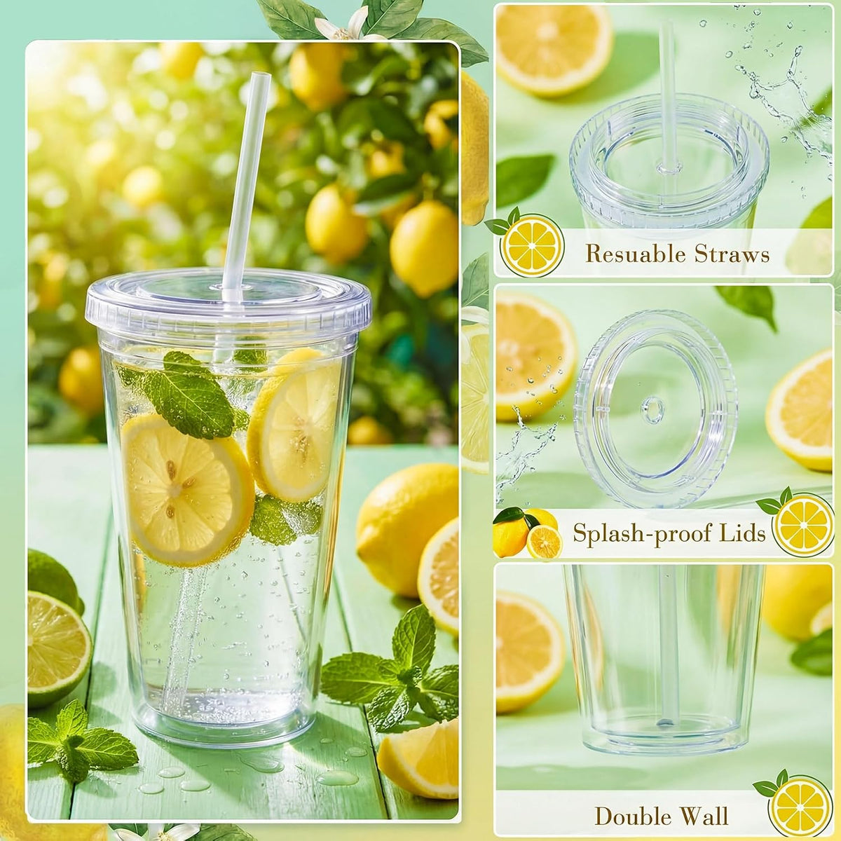 4 Pcs 16oz Tumblers with Lids and Straws Double Wall, Bright Colors