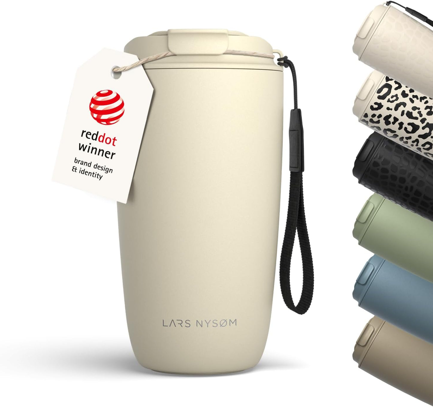 LARS NYSØM Thermo Coffee Mug-to-go with Strap 17oz | Travel Mug with Insulation | Leak Proof Stainless Steel Thermal Tumbler for Coffee and Tea to Go (Almond Beige, 17oz)
