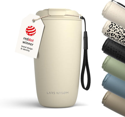 LARS NYSØM Thermo Coffee Mug-to-go with Strap 17oz | Travel Mug with Insulation | Leak Proof Stainless Steel Thermal Tumbler for Coffee and Tea to Go (Almond Beige, 17oz)