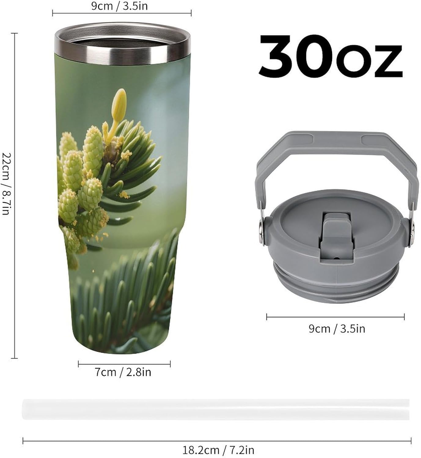 30oz Stainless Steel Tumbler with Lid and Straw Pine Tree Buds Print Double Wall Vacuum Insulated Travel Coffee Mug for Car Cup Holder, Large Capacity Water Bottle for Office, Outdoor, Home