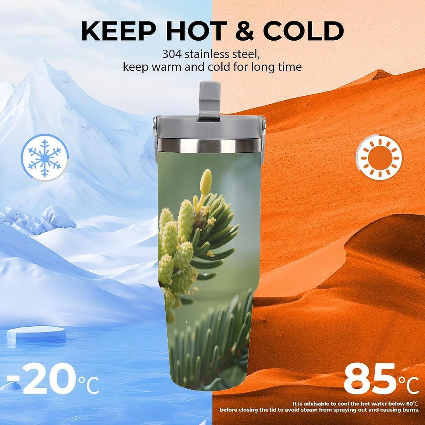 30oz Stainless Steel Tumbler with Lid and Straw Pine Tree Buds Print Double Wall Vacuum Insulated Travel Coffee Mug for Car Cup Holder, Large Capacity Water Bottle for Office, Outdoor, Home