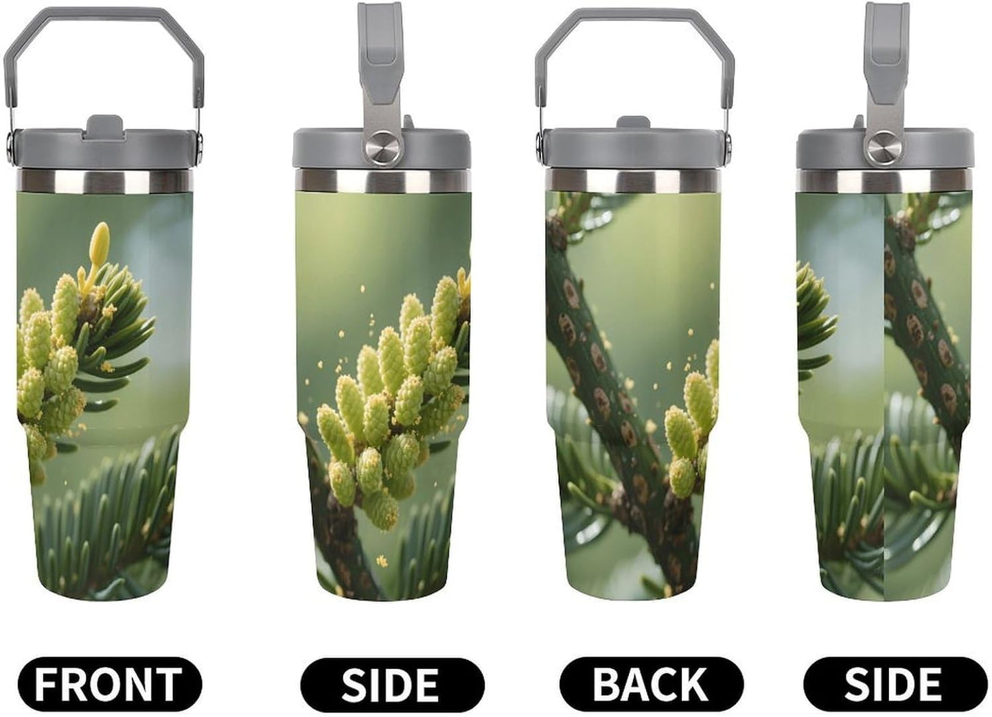 30oz Stainless Steel Tumbler with Lid and Straw Pine Tree Buds Print Double Wall Vacuum Insulated Travel Coffee Mug for Car Cup Holder, Large Capacity Water Bottle for Office, Outdoor, Home