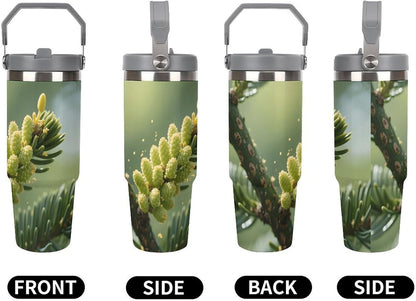 30oz Stainless Steel Tumbler with Lid and Straw Pine Tree Buds Print Double Wall Vacuum Insulated Travel Coffee Mug for Car Cup Holder, Large Capacity Water Bottle for Office, Outdoor, Home