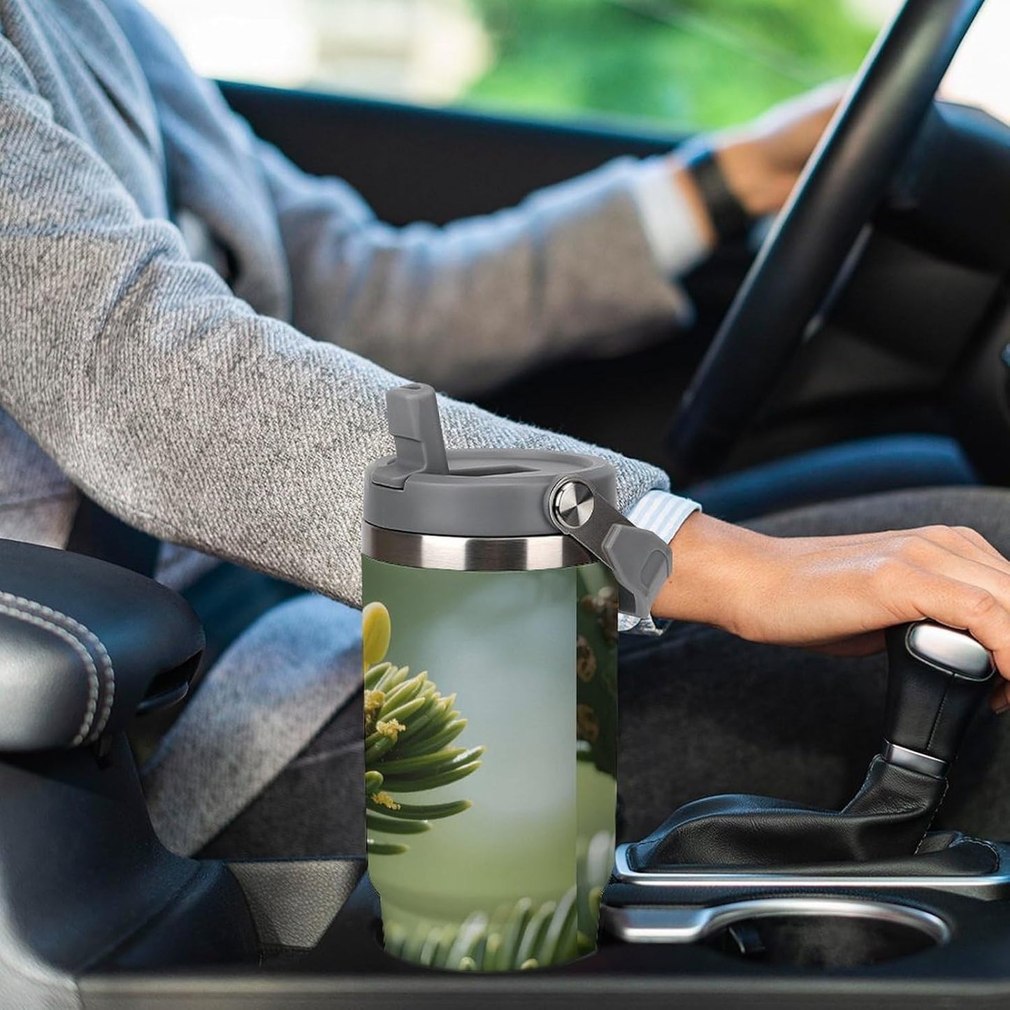 30oz Stainless Steel Tumbler with Lid and Straw Pine Tree Buds Print Double Wall Vacuum Insulated Travel Coffee Mug for Car Cup Holder, Large Capacity Water Bottle for Office, Outdoor, Home