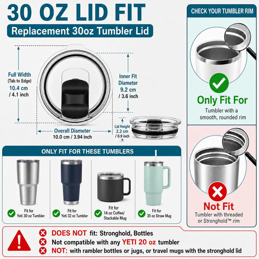 2Pack 30 oz Replacement YETI Tumbler Lids, Spill-Resistant, for Yeti 30 oz, 32 oz Tumbler, 14 oz Mug and 35oz Straw Mug, with Strong Magnetic Slider Switch, Travel Cup Cover, BPA Free