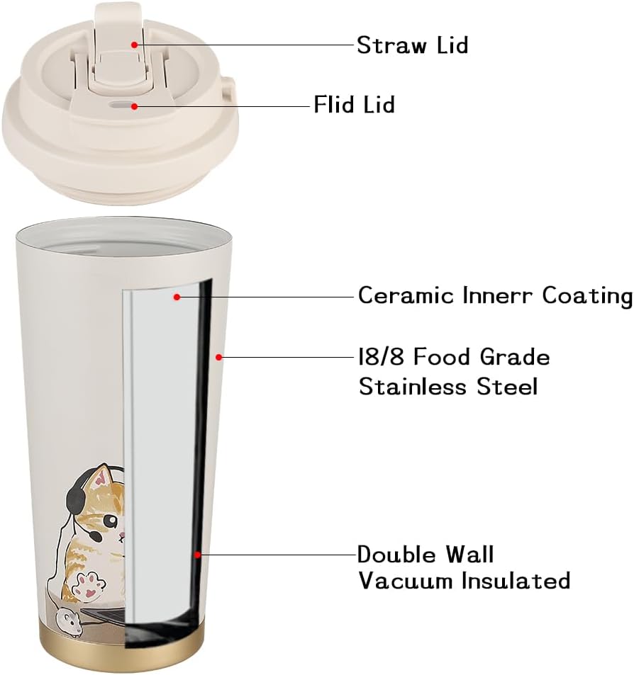 Coffee Travel Mug with Flip Lid, 16oz Insulated Tumbler Cup with Ceramic Coating, Double Wall Vacuum Leak-Proof Tumbler for Office School Party Camping
