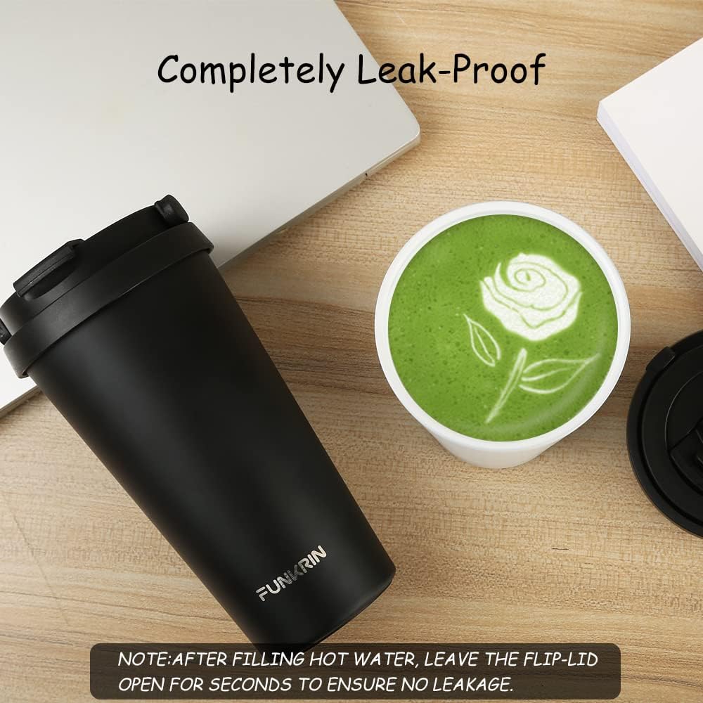 Coffee Travel Mug with Flip Lid, 16oz Insulated Tumbler Cup with Ceramic Coating, Double Wall Vacuum Leak-Proof Tumbler for Office School Party Camping