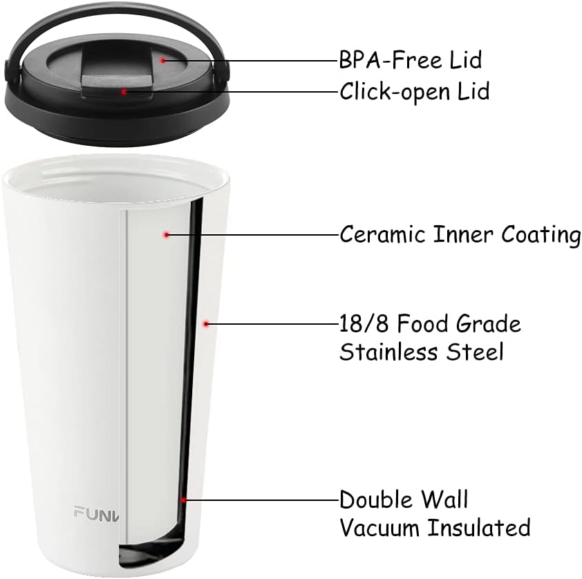 Coffee Travel Mug with Flip Lid, 16oz Insulated Tumbler Cup with Ceramic Coating, Double Wall Vacuum Leak-Proof Tumbler for Office School Party Camping