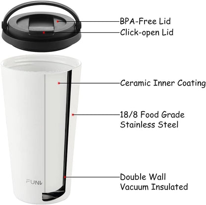 Coffee Travel Mug with Flip Lid, 16oz Insulated Tumbler Cup with Ceramic Coating, Double Wall Vacuum Leak-Proof Tumbler for Office School Party Camping