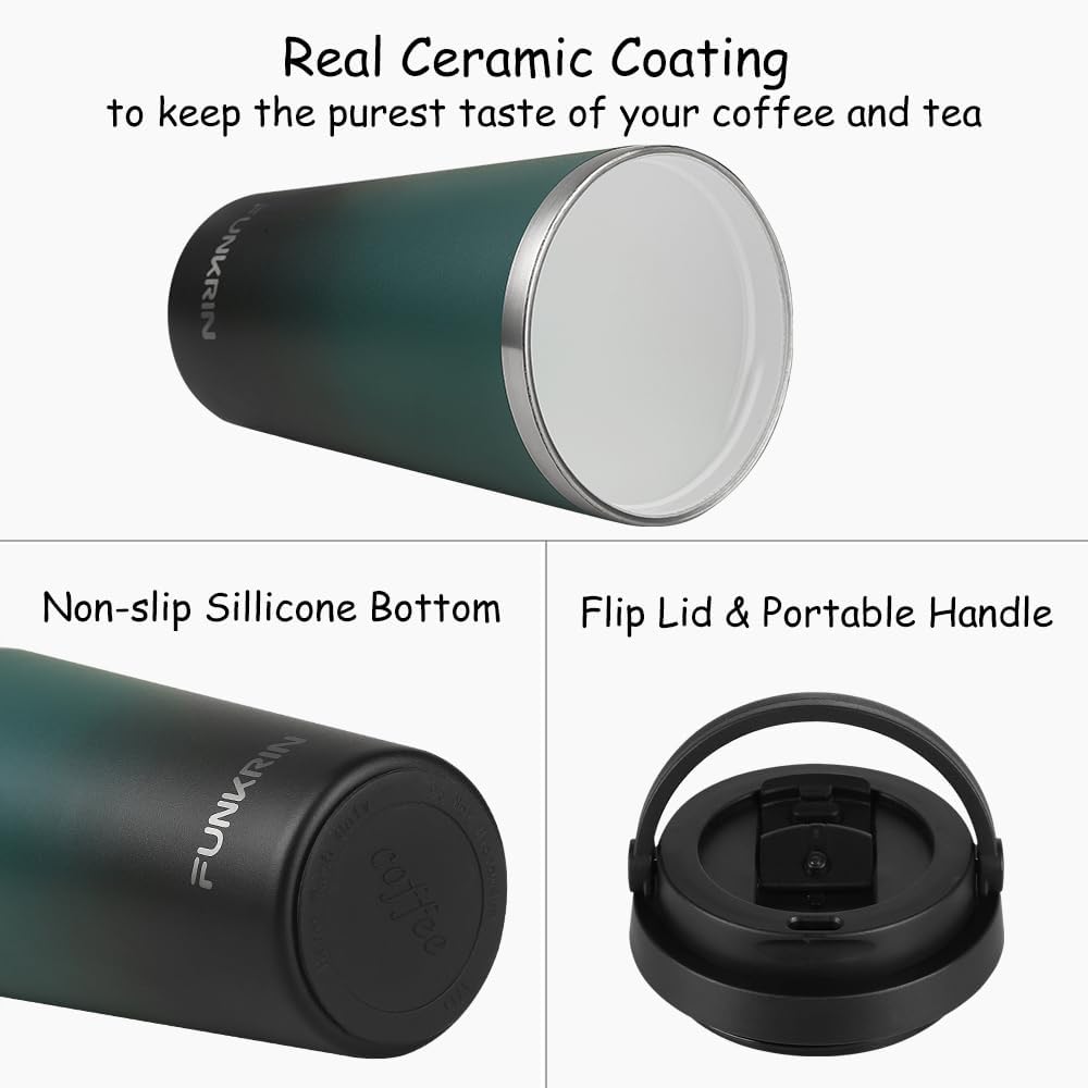 Coffee Travel Mug with Flip Lid, 16oz Insulated Tumbler Cup with Ceramic Coating, Double Wall Vacuum Leak-Proof Tumbler for Office School Party Camping