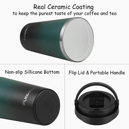 Coffee Travel Mug with Flip Lid, 16oz Insulated Tumbler Cup with Ceramic Coating, Double Wall Vacuum Leak-Proof Tumbler for Office School Party Camping