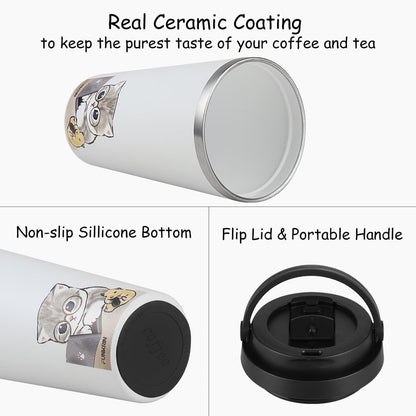 Coffee Travel Mug with Flip Lid, 16oz Insulated Tumbler Cup with Ceramic Coating, Double Wall Vacuum Leak-Proof Tumbler for Office School Party Camping