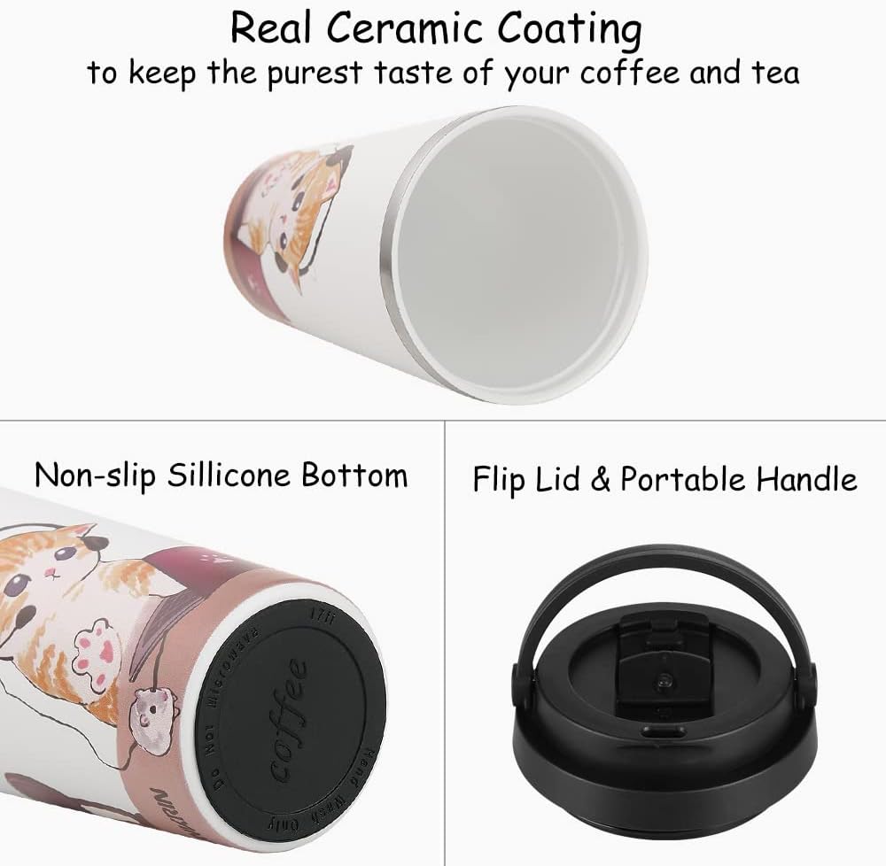 Coffee Travel Mug with Flip Lid, 16oz Insulated Tumbler Cup with Ceramic Coating, Double Wall Vacuum Leak-Proof Tumbler for Office School Party Camping