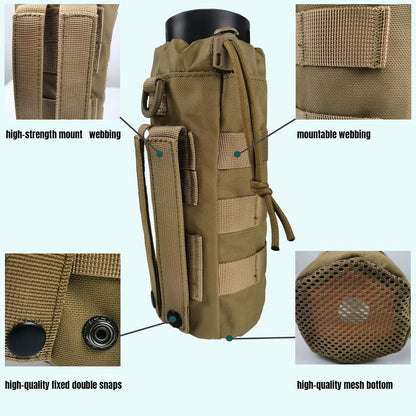 Tactical MOLLE Water Bottle Holder, Upgraded Water Bottle Pouch with Drawstring Open Top & Mesh Bottom, 16/24/25/32oz Water Bottle Carrier Bag with D-Ring Hook for Backpack