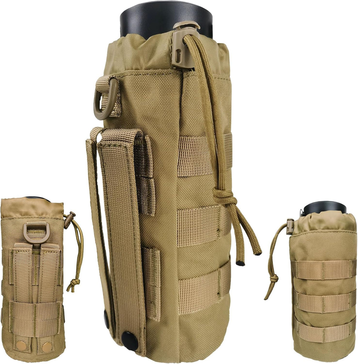 Tactical MOLLE Water Bottle Holder, Upgraded Water Bottle Pouch with Drawstring Open Top & Mesh Bottom, 16/24/25/32oz Water Bottle Carrier Bag with D-Ring Hook for Backpack