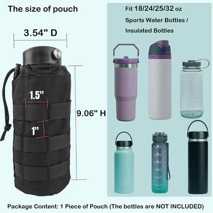 Tactical MOLLE Water Bottle Holder, Upgraded Water Bottle Pouch with Drawstring Open Top & Mesh Bottom, 16/24/25/32oz Water Bottle Carrier Bag with D-Ring Hook for Backpack
