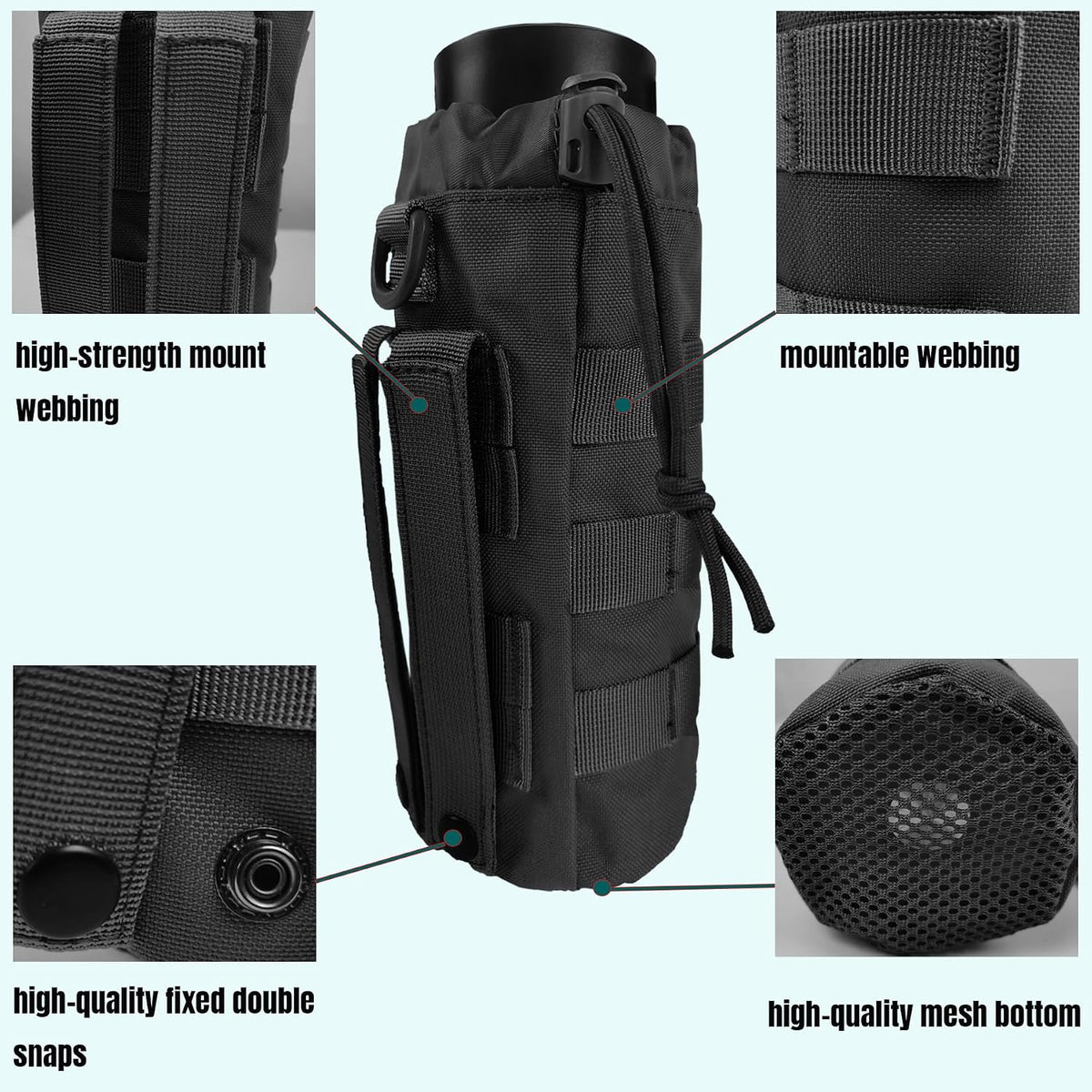 Tactical MOLLE Water Bottle Holder, Upgraded Water Bottle Pouch with Drawstring Open Top & Mesh Bottom, 16/24/25/32oz Water Bottle Carrier Bag with D-Ring Hook for Backpack