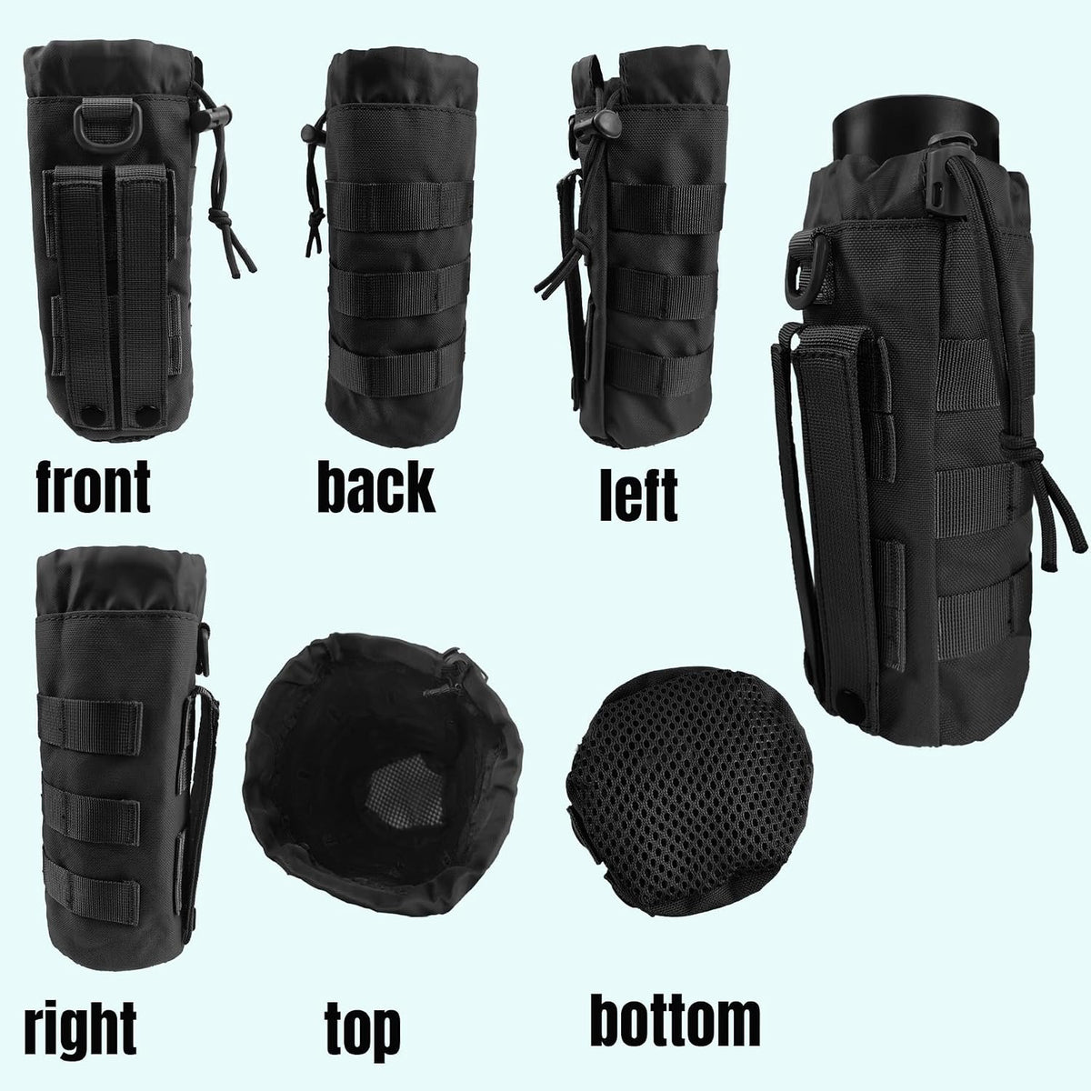 Tactical MOLLE Water Bottle Holder, Upgraded Water Bottle Pouch with Drawstring Open Top & Mesh Bottom, 16/24/25/32oz Water Bottle Carrier Bag with D-Ring Hook for Backpack