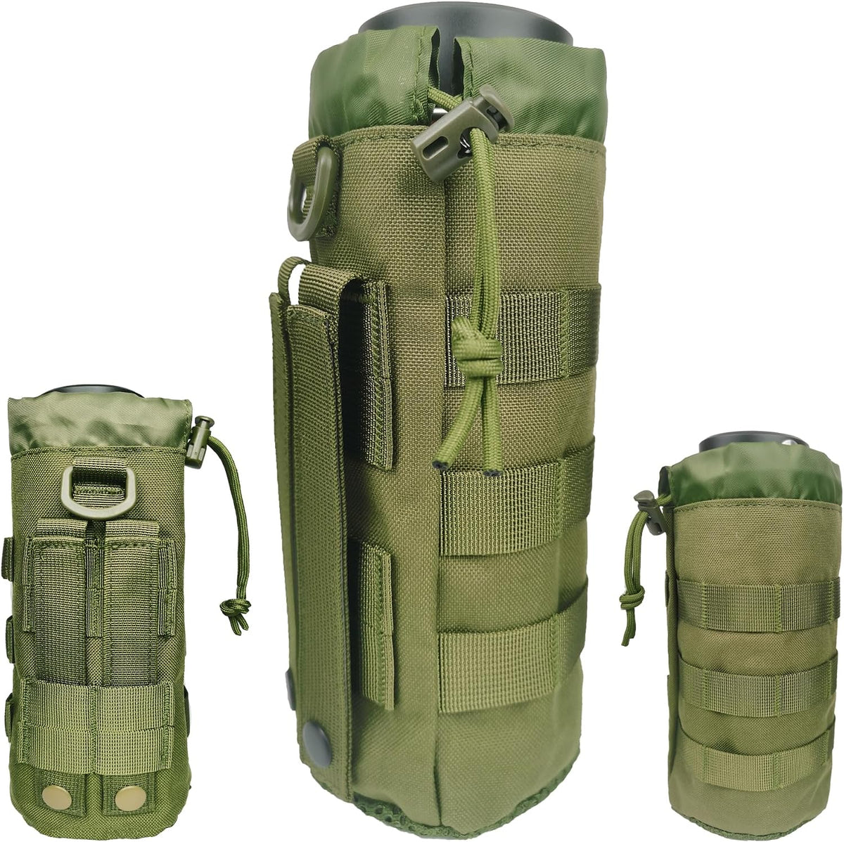 Tactical MOLLE Water Bottle Holder, Upgraded Water Bottle Pouch with Drawstring Open Top & Mesh Bottom, 16/24/25/32oz Water Bottle Carrier Bag with D-Ring Hook for Backpack
