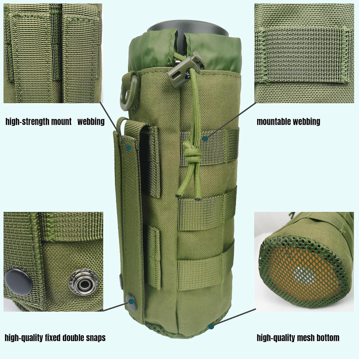 Tactical MOLLE Water Bottle Holder, Upgraded Water Bottle Pouch with Drawstring Open Top & Mesh Bottom, 16/24/25/32oz Water Bottle Carrier Bag with D-Ring Hook for Backpack