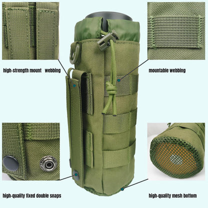 Tactical MOLLE Water Bottle Holder, Upgraded Water Bottle Pouch with Drawstring Open Top & Mesh Bottom, 16/24/25/32oz Water Bottle Carrier Bag with D-Ring Hook for Backpack