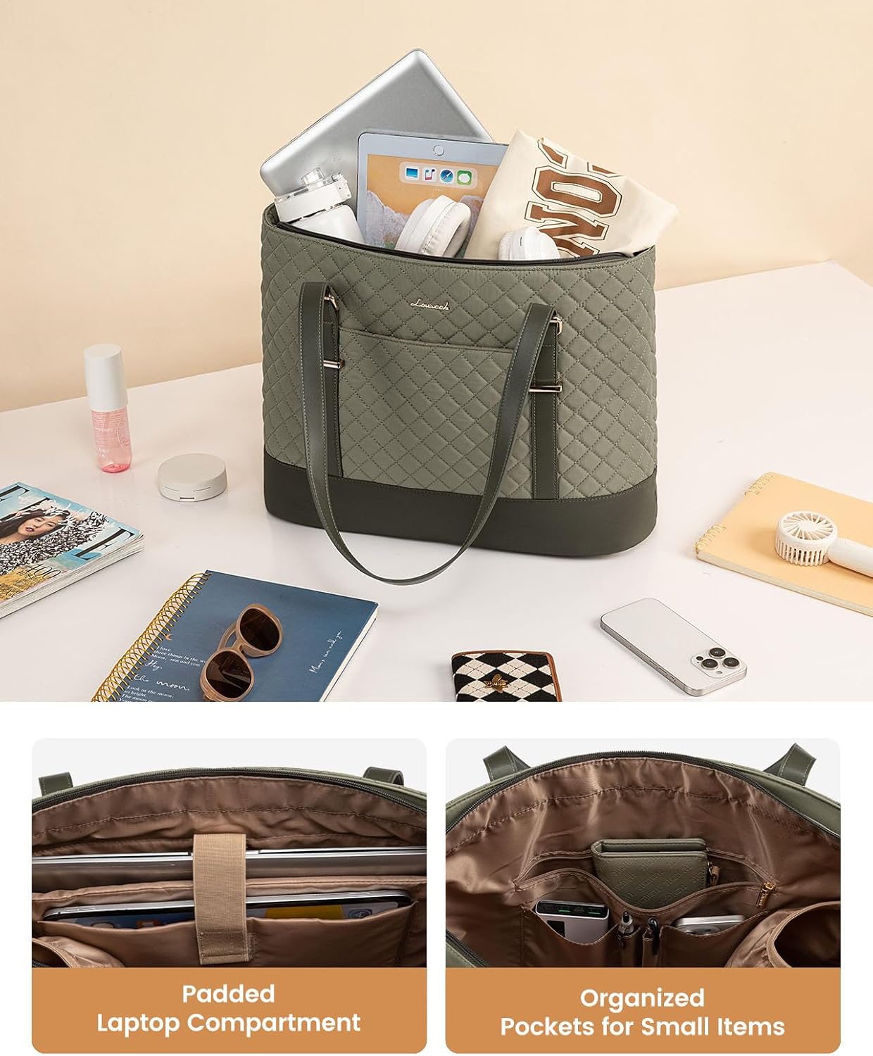 Lunch Tote Bag for Women, 15.6 Inch Laptop Work Bag With Lunch Compartment & Large Cup Holder, Lightweight Work Briefcase for Travel, Bussiness, Teacher