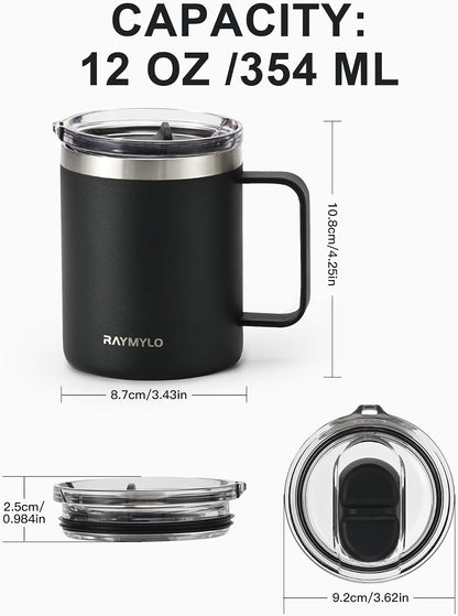 Insulated Coffee Mug 12 oz, Spill-Proof & Detachable Slider Lid | Double Wall Stainless Steel with Thorough Clean Lid & Handle, Cold for 9 Hrs, Suitable for Camp Home Office