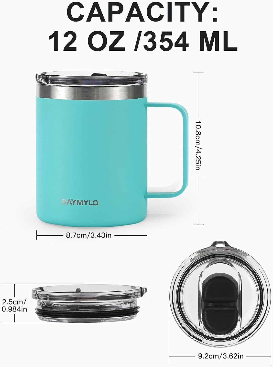 Insulated Coffee Mug 12 oz, Spill-Proof & Detachable Slider Lid | Double Wall Stainless Steel with Thorough Clean Lid & Handle, Cold for 9 Hrs, Suitable for Camp Home Office