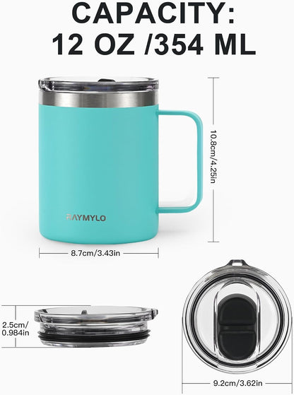 Insulated Coffee Mug 12 oz, Spill-Proof & Detachable Slider Lid | Double Wall Stainless Steel with Thorough Clean Lid & Handle, Cold for 9 Hrs, Suitable for Camp Home Office
