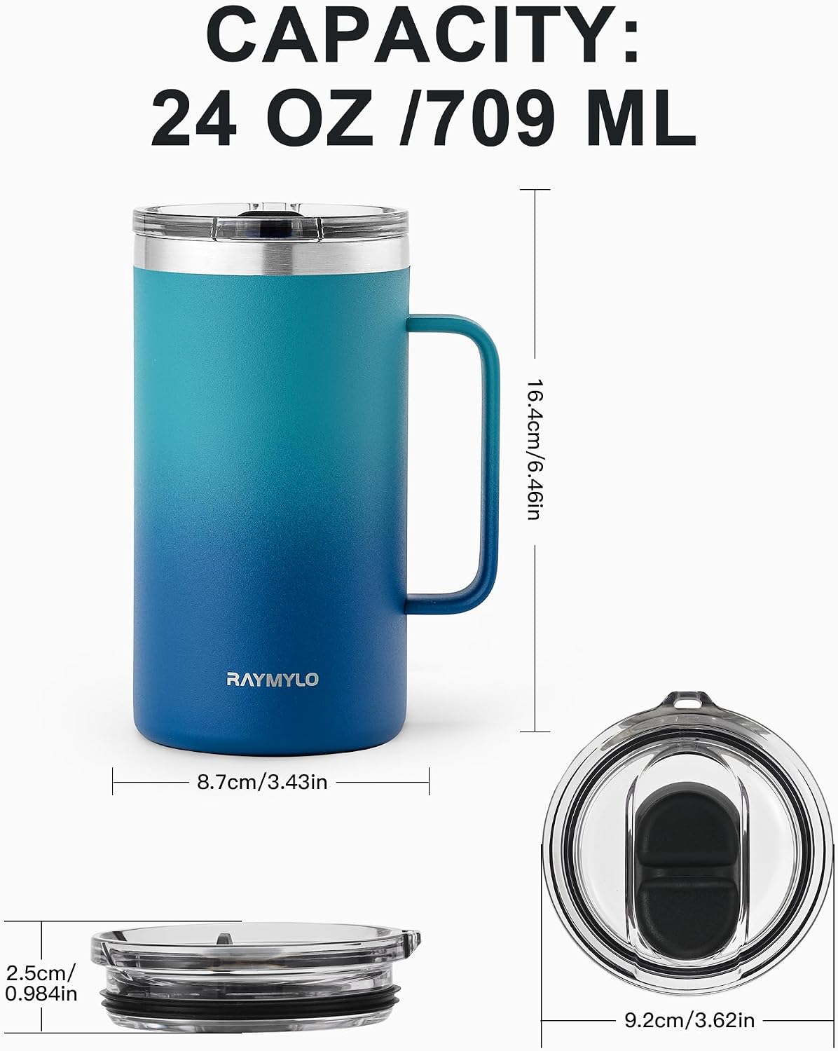 Insulated Coffee Mug 12 oz, Spill-Proof & Detachable Slider Lid | Double Wall Stainless Steel with Thorough Clean Lid & Handle, Cold for 9 Hrs, Suitable for Camp Home Office