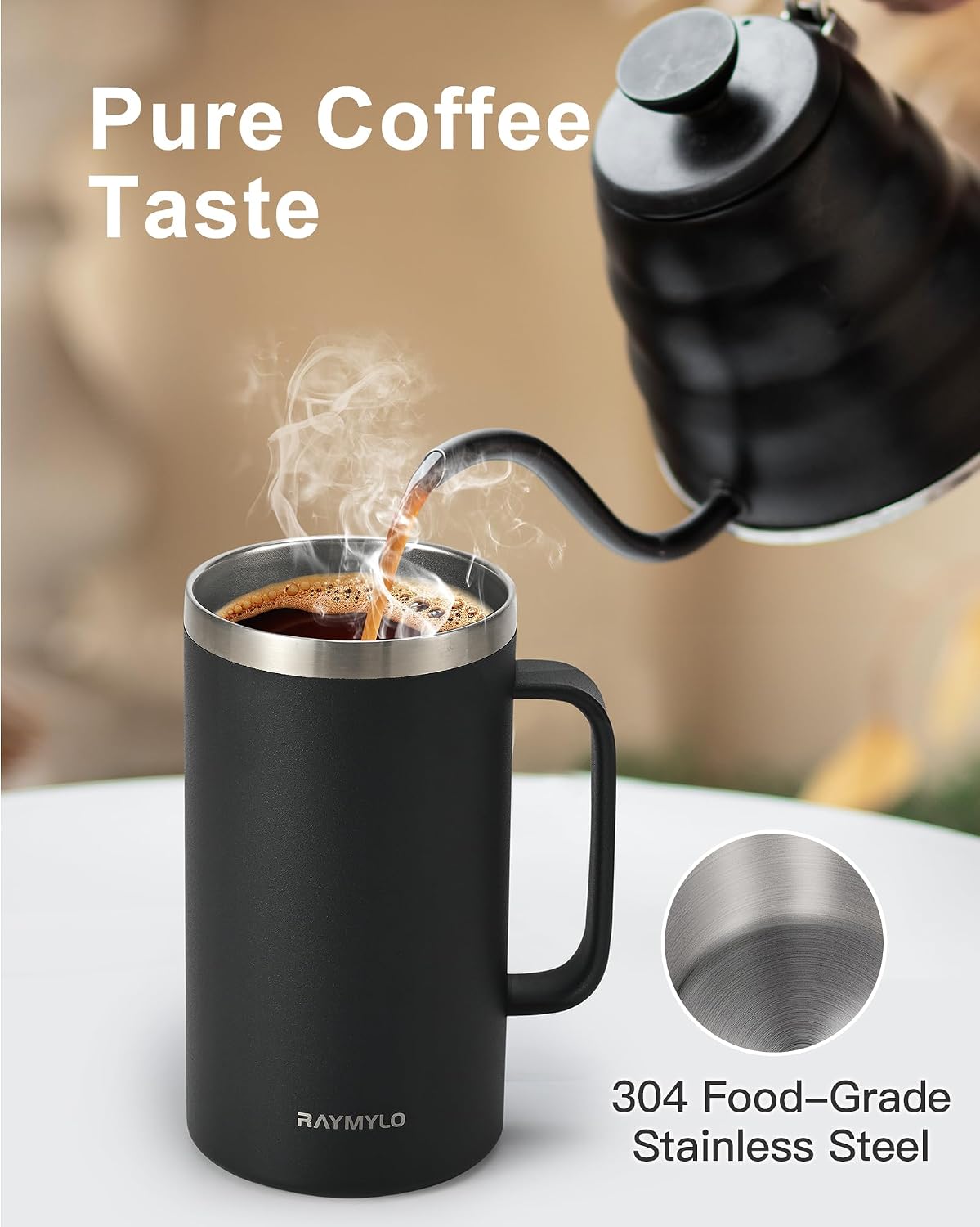 Insulated Coffee Mug 12 oz, Spill-Proof & Detachable Slider Lid | Double Wall Stainless Steel with Thorough Clean Lid & Handle, Cold for 9 Hrs, Suitable for Camp Home Office
