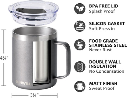 Travel Coffee Mug with Lid, Insulated Tumbler with Handle, 14 oz Stainless Steel Cup for Home, Office, Camping, Powder Coated Orchid