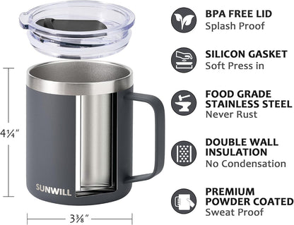 Travel Coffee Mug with Lid, Insulated Tumbler with Handle, 14 oz Stainless Steel Cup for Home, Office, Camping, Powder Coated Orchid
