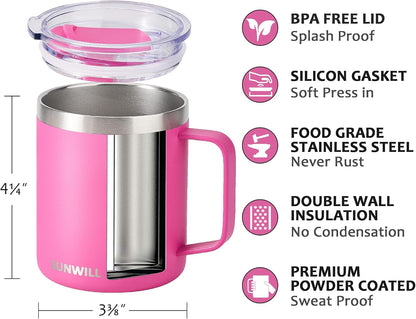 Travel Coffee Mug with Lid, Insulated Tumbler with Handle, 14 oz Stainless Steel Cup for Home, Office, Camping, Powder Coated Orchid