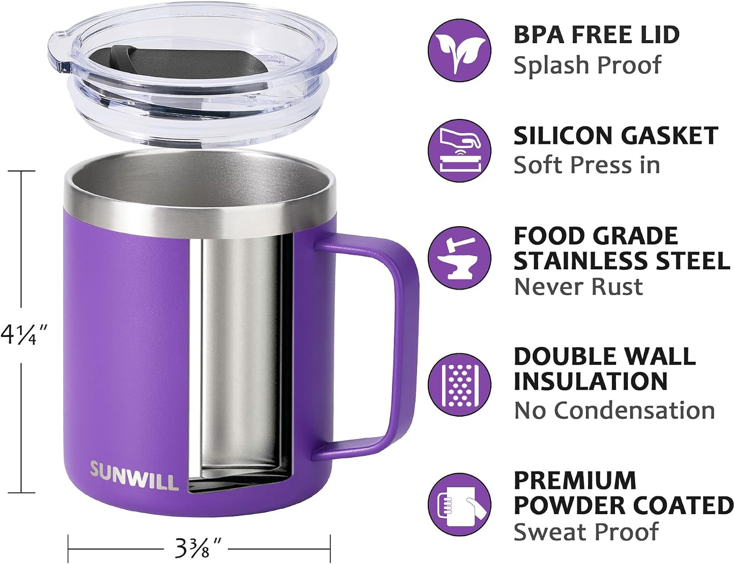 Travel Coffee Mug with Lid, Insulated Tumbler with Handle, 14 oz Stainless Steel Cup for Home, Office, Camping, Powder Coated Orchid