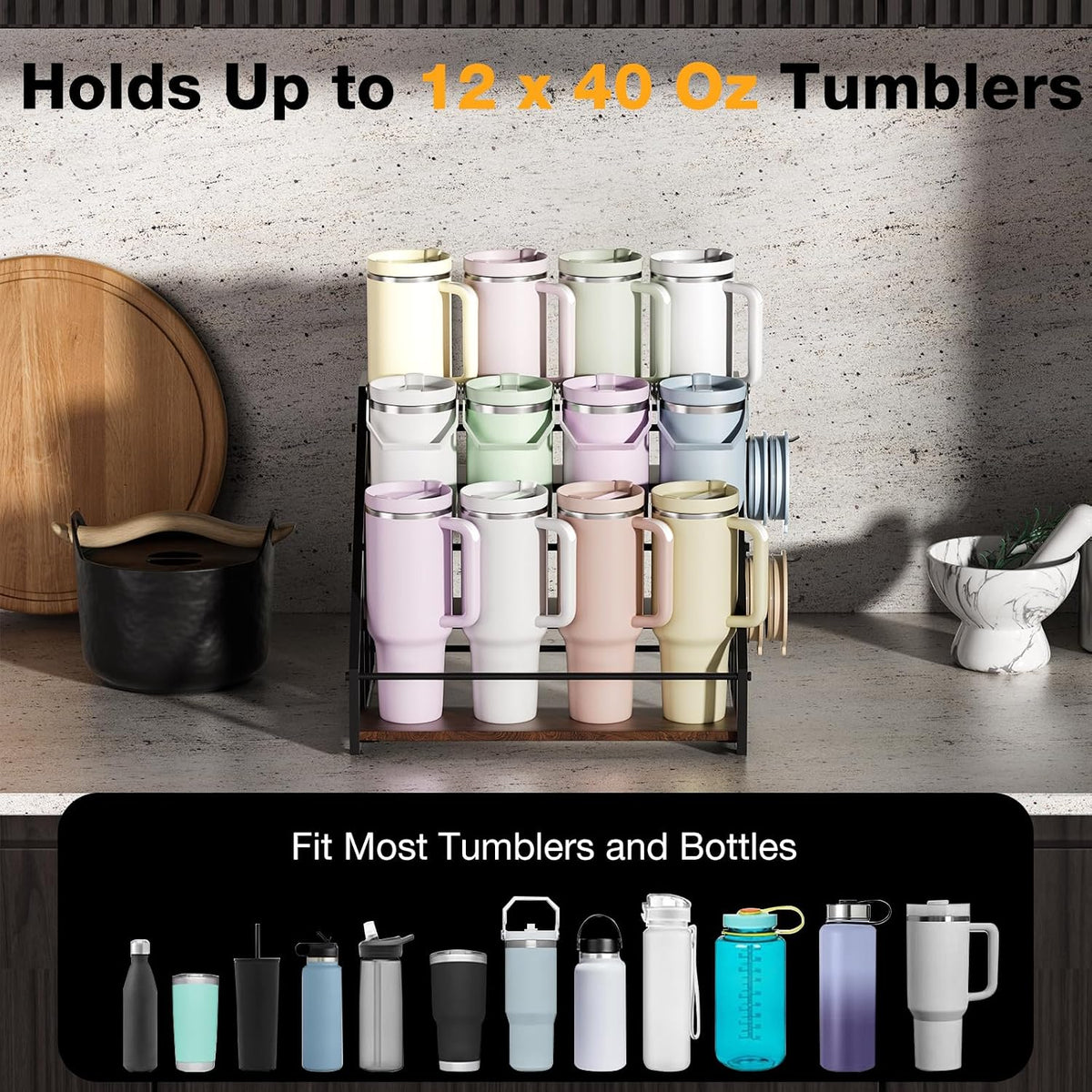 4-Tier Stanley Cup Organizer for 16 Tumblers, Natural Wood
