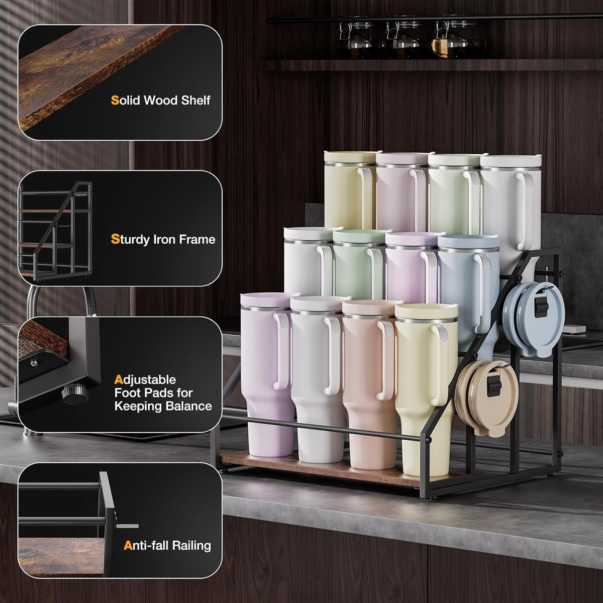 4-Tier Stanley Cup Organizer for 16 Tumblers, Natural Wood