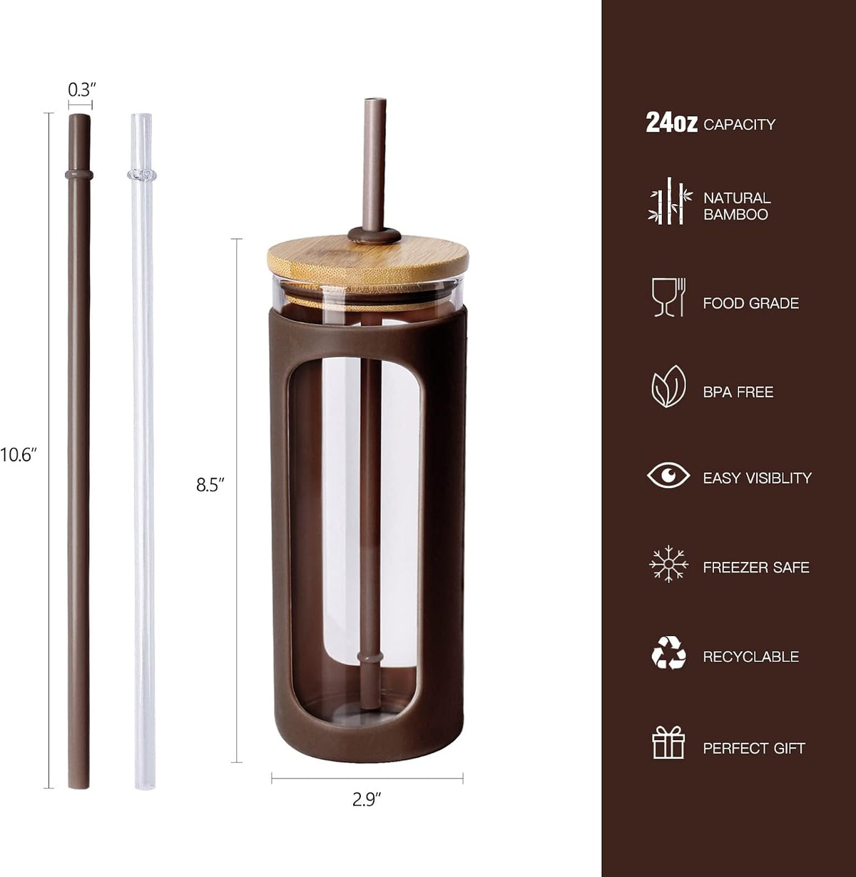 20oz Glass Tumbler with Straw and Lid, Iced Coffee Cups with Bamboo Lids, Glass Cups for Cold Drinks, Smoothie Cup with Silicone Sleeve for Travel, Work, BPA FREE-Olive - Colors B