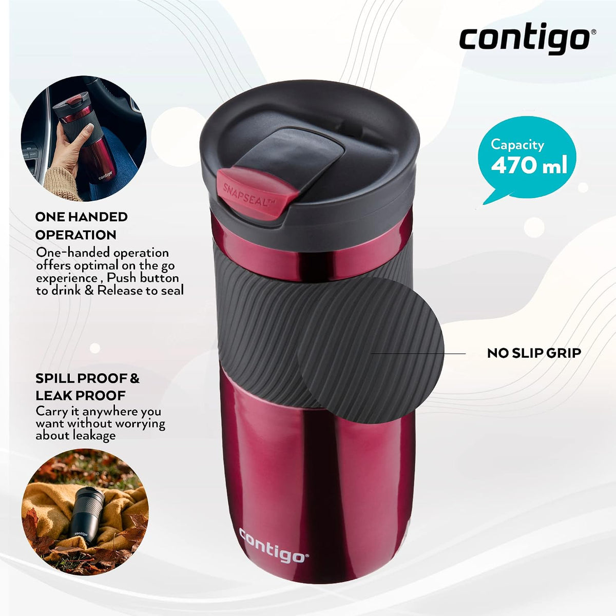 Byron Snapseal Travel Mug, Stainless Steel Thermal mug, vacuum flask, leakproof tumbler, coffee mug with BPA free Easy-Clean Lid, 470 ml, Vivacious