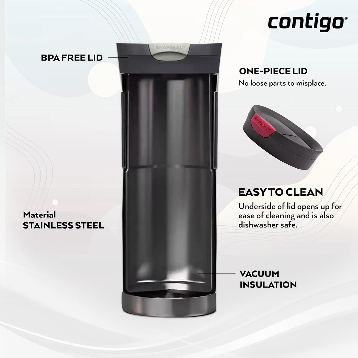 Byron Snapseal Travel Mug, Stainless Steel Thermal mug, vacuum flask, leakproof tumbler, coffee mug with BPA free Easy-Clean Lid, 470 ml, Vivacious