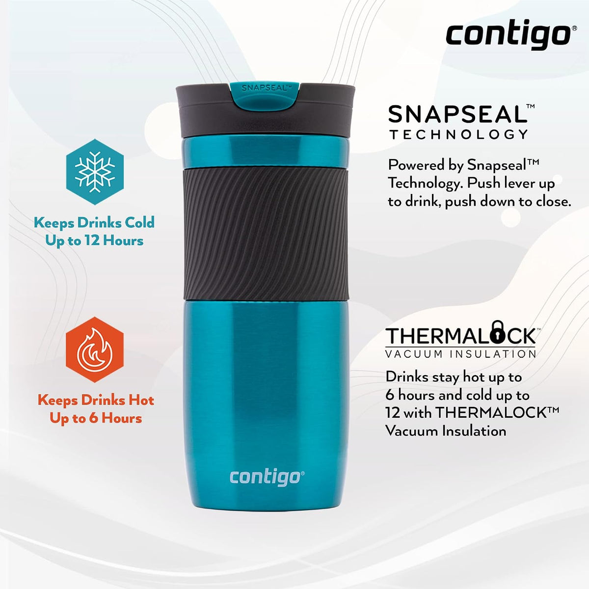 Byron Snapseal Travel Mug, Stainless Steel Thermal mug, vacuum flask, leakproof tumbler, coffee mug with BPA free Easy-Clean Lid, 470 ml, Vivacious