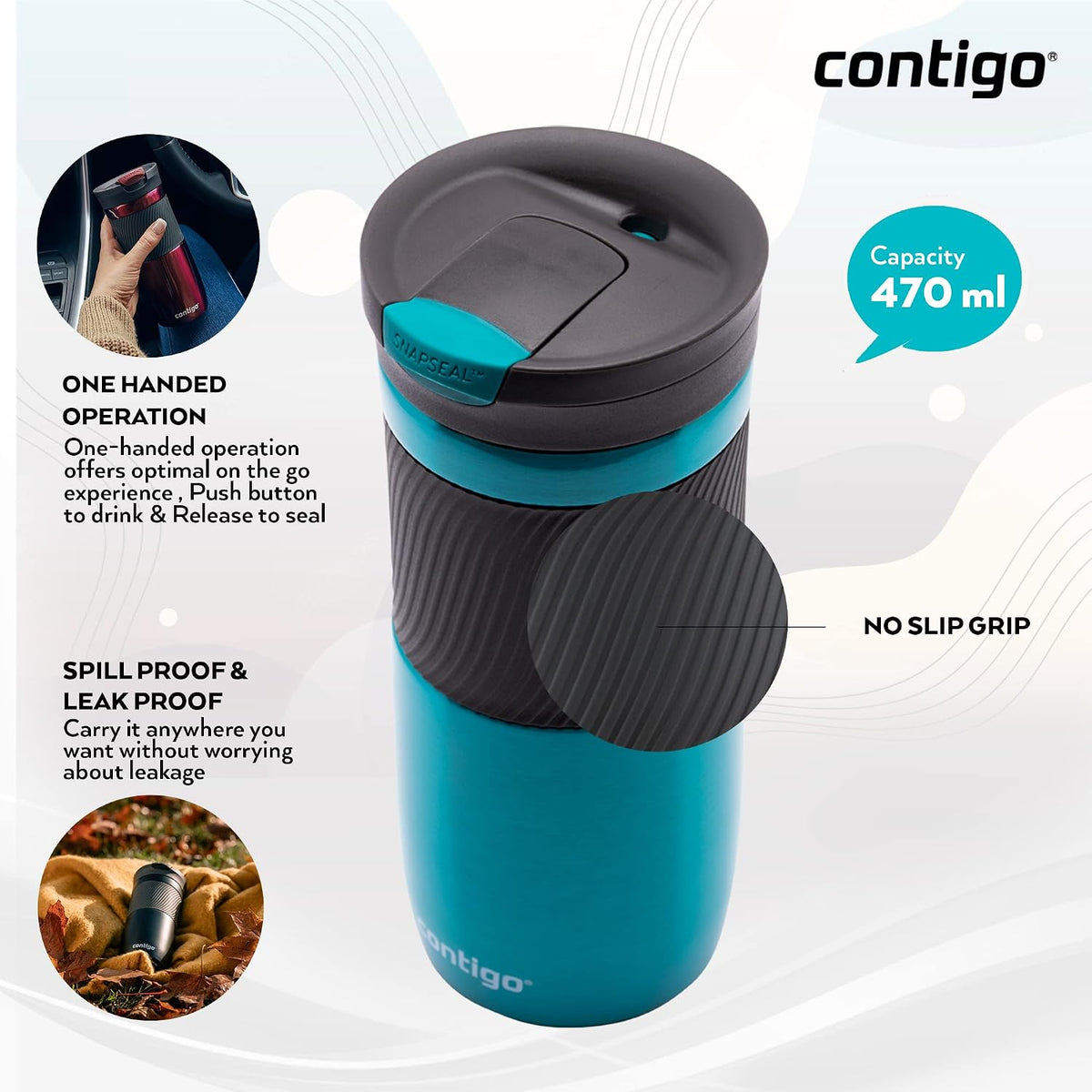 Byron Snapseal Travel Mug, Stainless Steel Thermal mug, vacuum flask, leakproof tumbler, coffee mug with BPA free Easy-Clean Lid, 470 ml, Vivacious