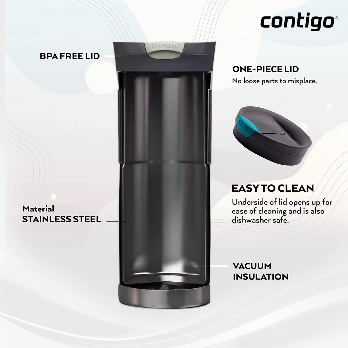 Byron Snapseal Travel Mug, Stainless Steel Thermal mug, vacuum flask, leakproof tumbler, coffee mug with BPA free Easy-Clean Lid, 470 ml, Vivacious