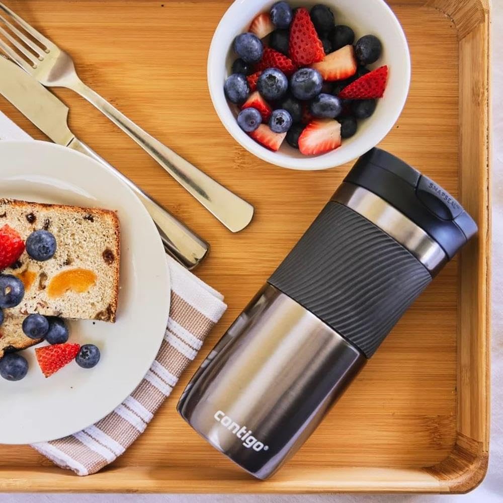 Byron Snapseal Travel Mug, Stainless Steel Thermal mug, vacuum flask, leakproof tumbler, coffee mug with BPA free Easy-Clean Lid, 470 ml, Vivacious