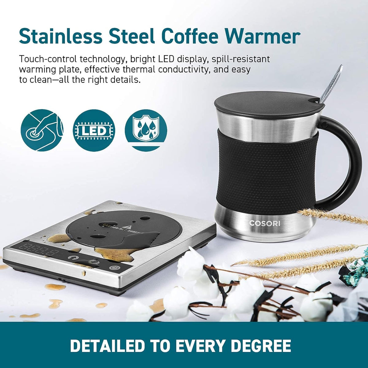 Coffee Mug Warmer & Mug Set, 1°F Precise Temperature Control | Digital Cup Heater, Touch Tech & LCD Digital Display (77-194℉), 304 Stainless Steel, for Desk, Office, Silver/Black