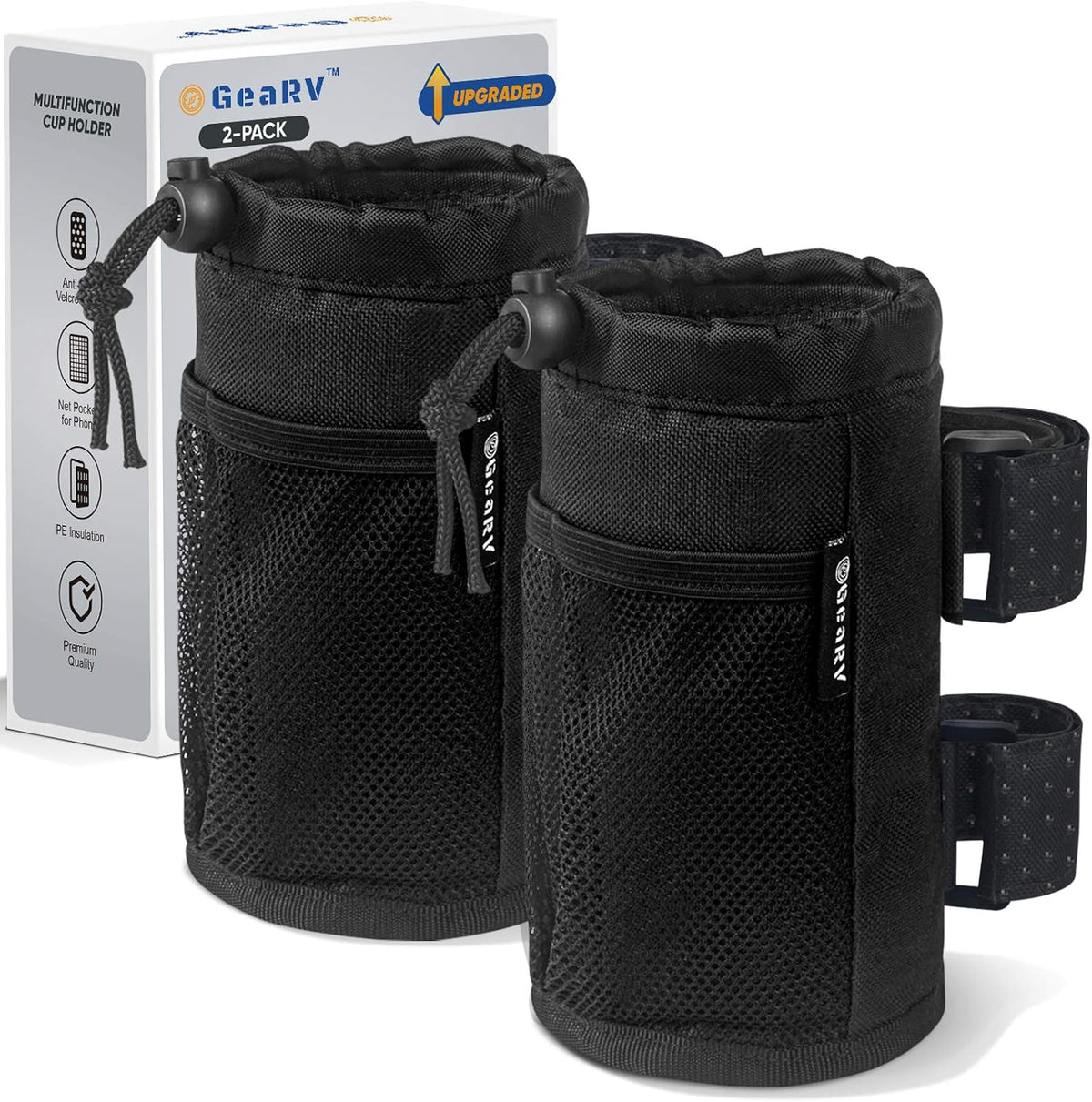 2Pack Cup Holder for Bike, Scooter and Wheelchair, Water Bottle Holder for UTV/ATV, Walker, Golf Cart and Beach, Universal Drink Holder Accessories with Net Pocket and Cord Lock (Black)