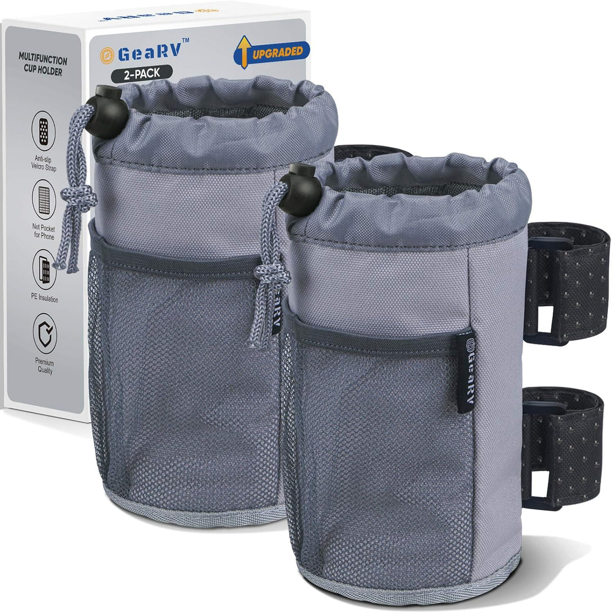 2Pack Cup Holder for Bike, Scooter and Wheelchair, Water Bottle Holder for UTV/ATV, Walker, Golf Cart and Beach, Universal Drink Holder Accessories with Net Pocket and Cord Lock (Black)