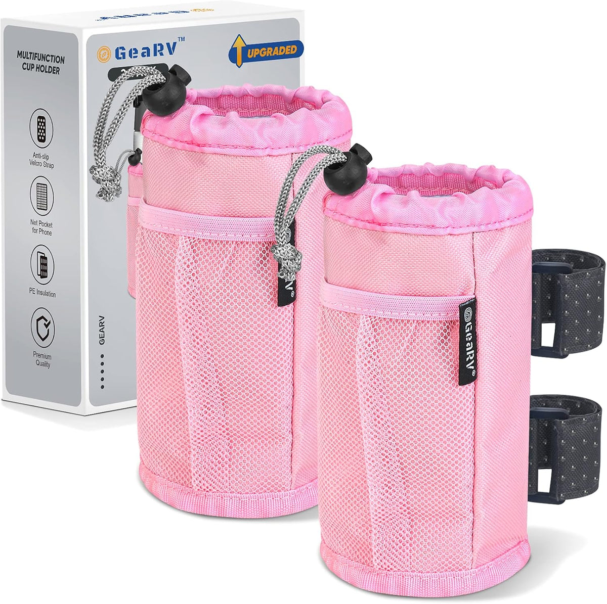 2Pack Cup Holder for Bike, Scooter and Wheelchair, Water Bottle Holder for UTV/ATV, Walker, Golf Cart and Beach, Universal Drink Holder Accessories with Net Pocket and Cord Lock (Black)