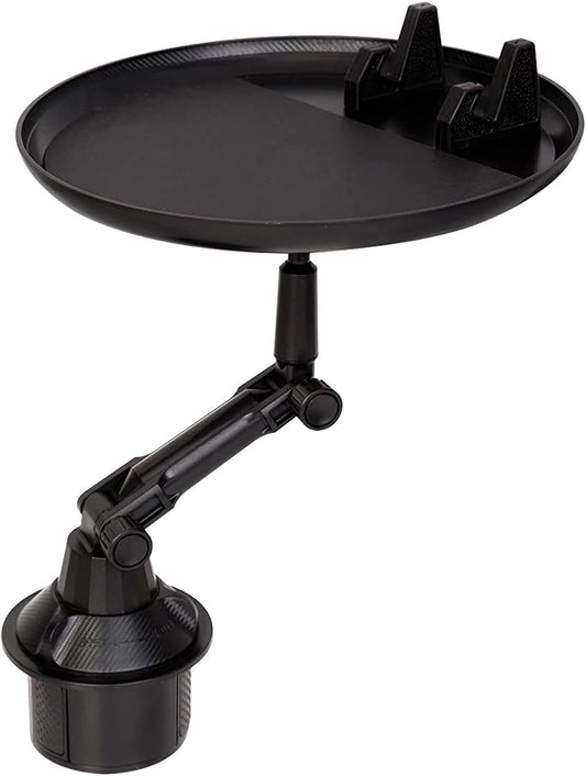 Cup Holder Tray for Car with Phone Mount – Expandable Base, 360° Rotation Food & Drink Tray with Non-Slip Surface, Adjustable Arm for Eating in Vehicle – Fits Most Standard Car Cup Holders