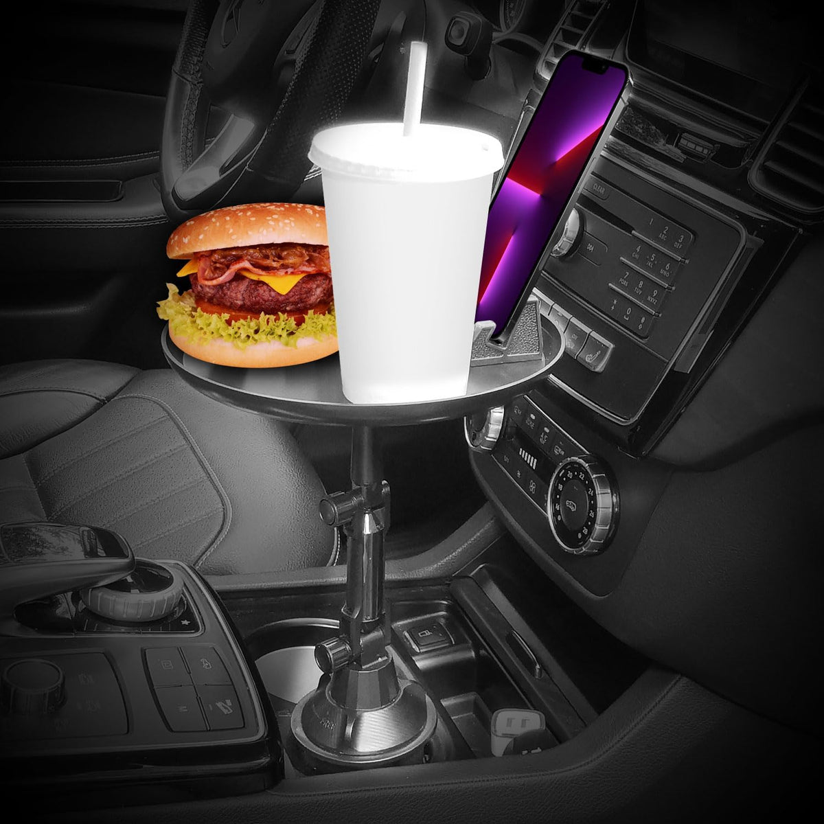 Cup Holder Tray for Car with Phone Mount – Expandable Base, 360° Rotation Food & Drink Tray with Non-Slip Surface, Adjustable Arm for Eating in Vehicle – Fits Most Standard Car Cup Holders